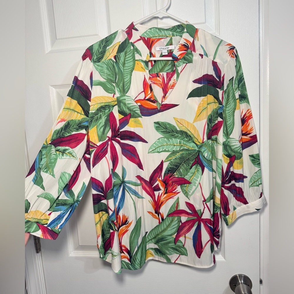 Chico's Women's Floral Blouse Tropical Beach‎ Top Longsleeve Cruise Vacation 2